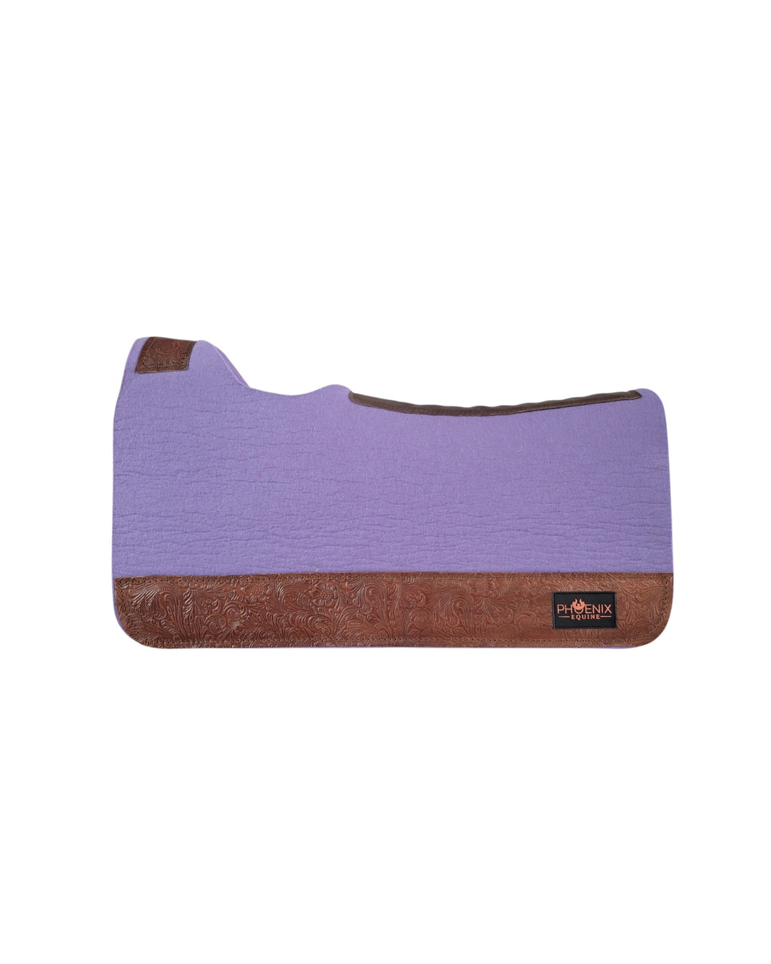 Phoenix APX saddle pad in lilac Merino wool with floral tooled brown leather