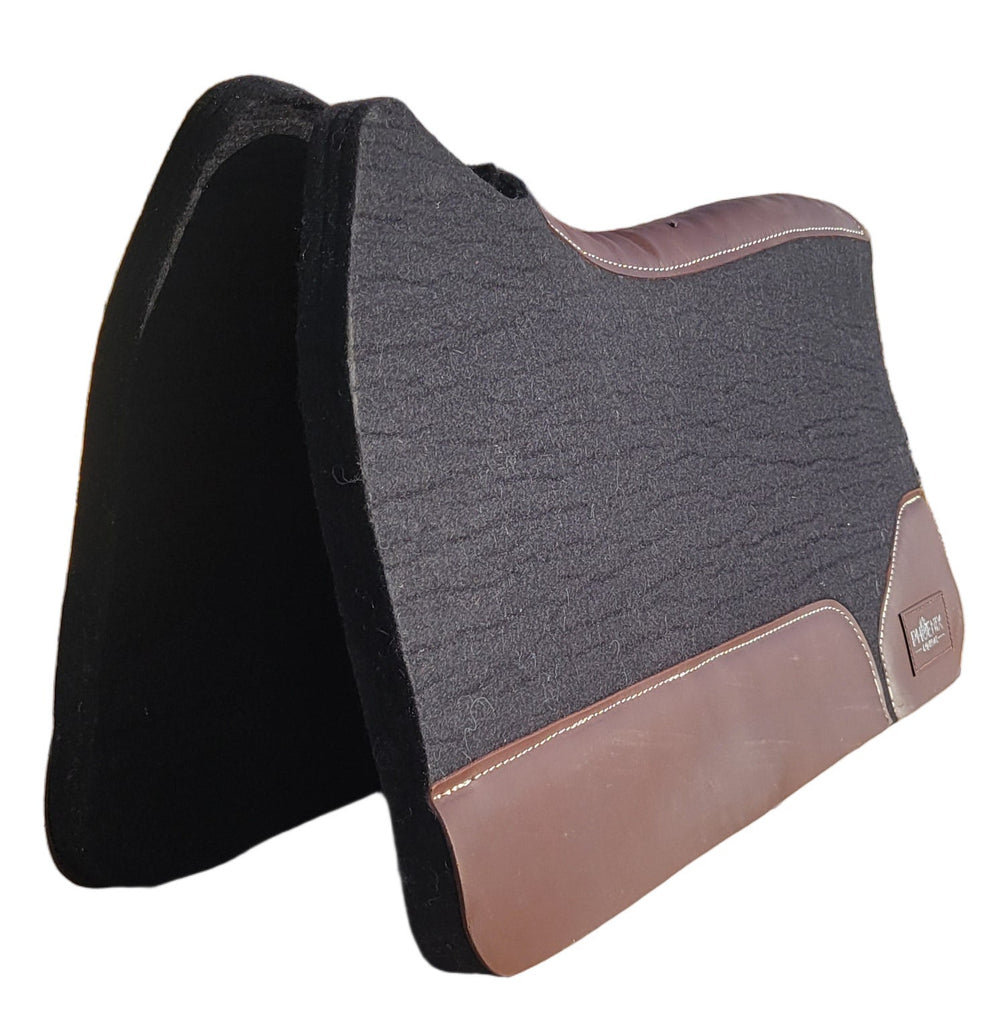 The Phoenix Open Wither Pad - 3/4" thick - 30"x30" - Black Merino Wool with Brown Leather