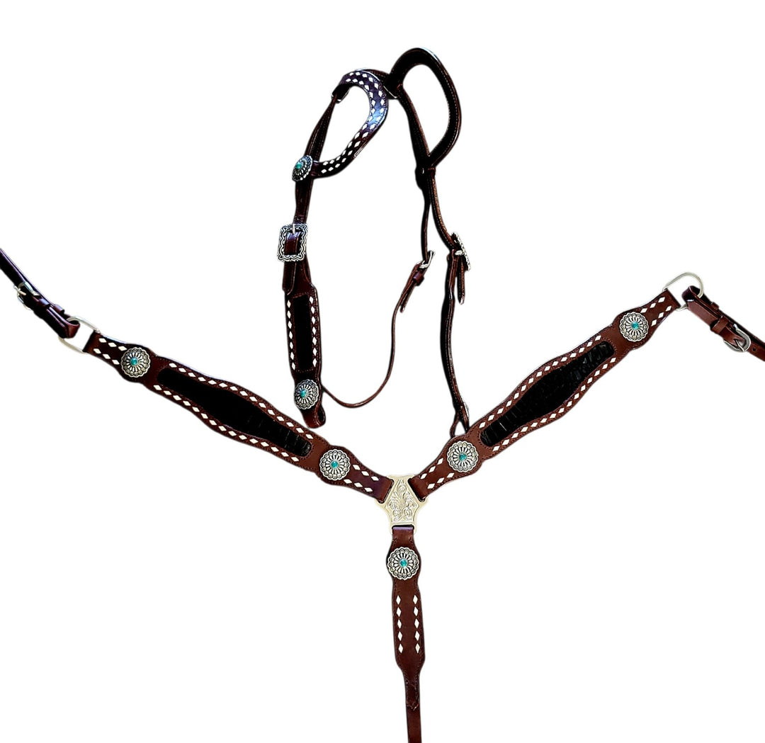 Brown leather tack set with black cross inlay white buckstitch and turquoise conchos