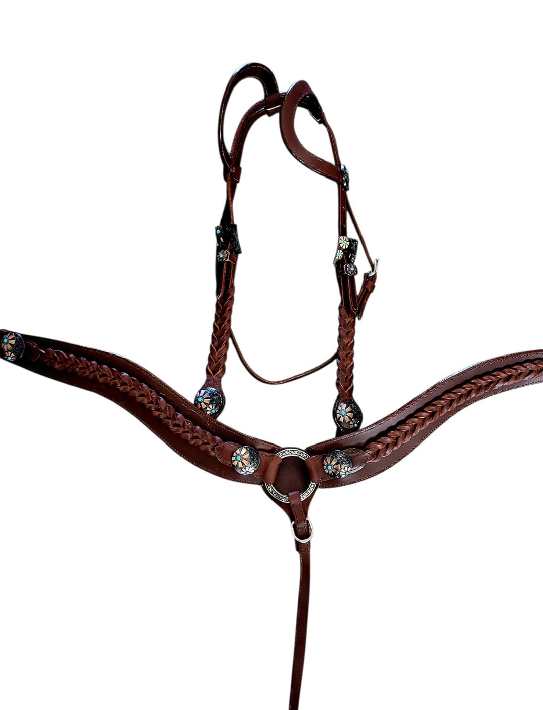 Brown braided leather tack set with daisy conchos