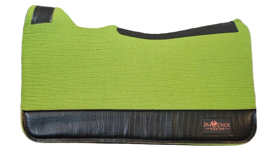 Lime green 7/8 inch APX saddle pad with black croc leather side view