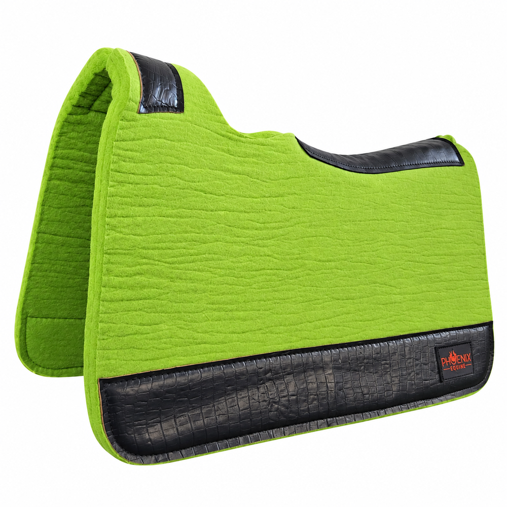 Lime green APX saddle pad with black croc, angled view