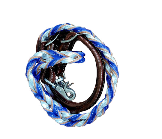 Looped Leather Barrel Reins - Blue and Silver