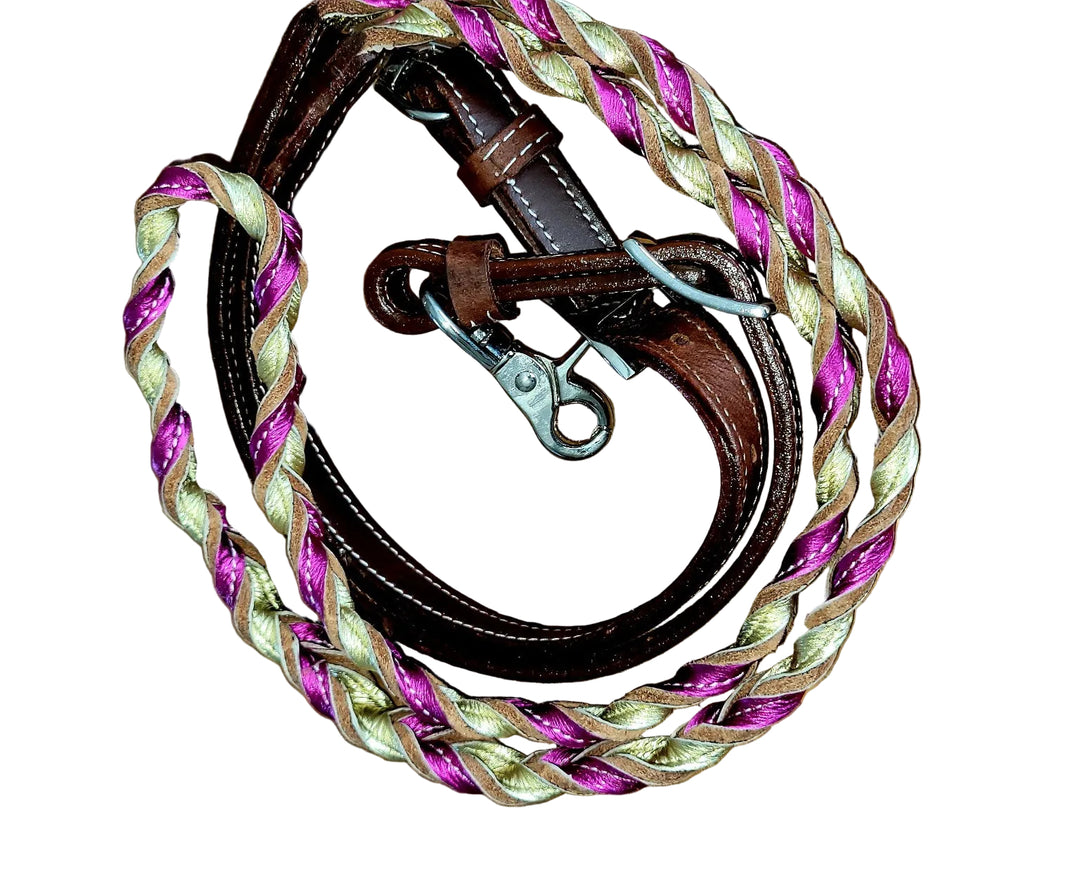 Looped Leather Barrel Reins - Gold and Pink