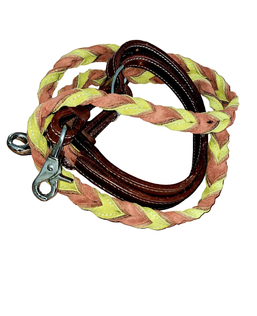 Looped Leather Barrel Reins - Green and Brown