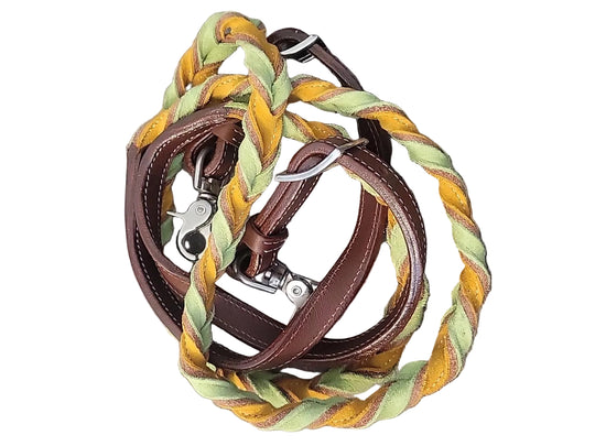 Looped Leather Barrel Reins - Mustard Yellow and Green