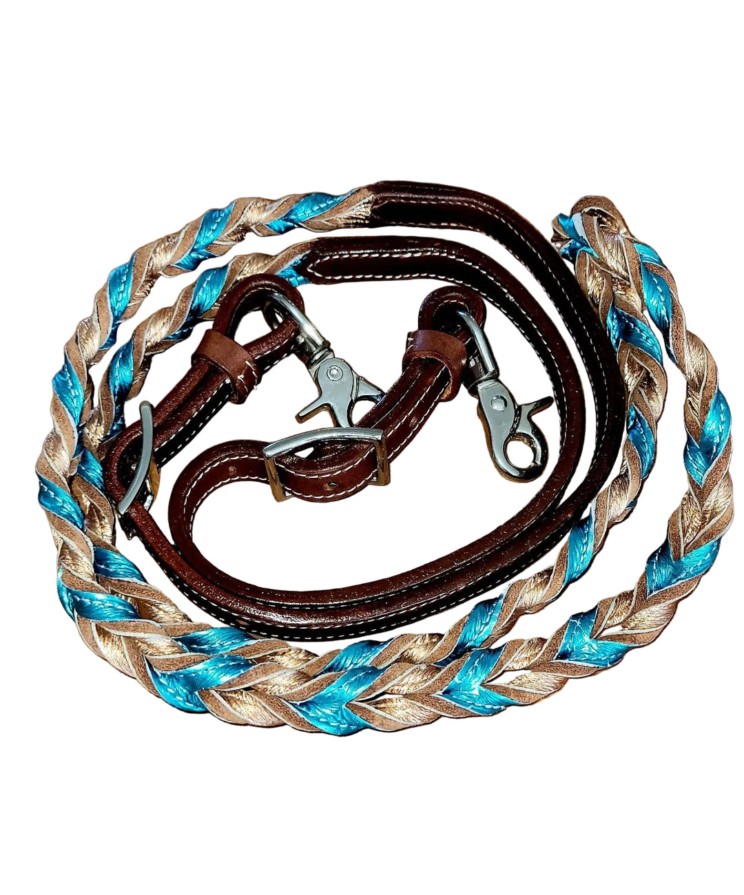 Looped Leather Barrel Reins - Rose Gold and Turquoise