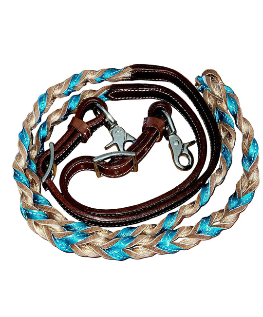 Looped Leather Barrel Reins - Rose Gold and Turquoise