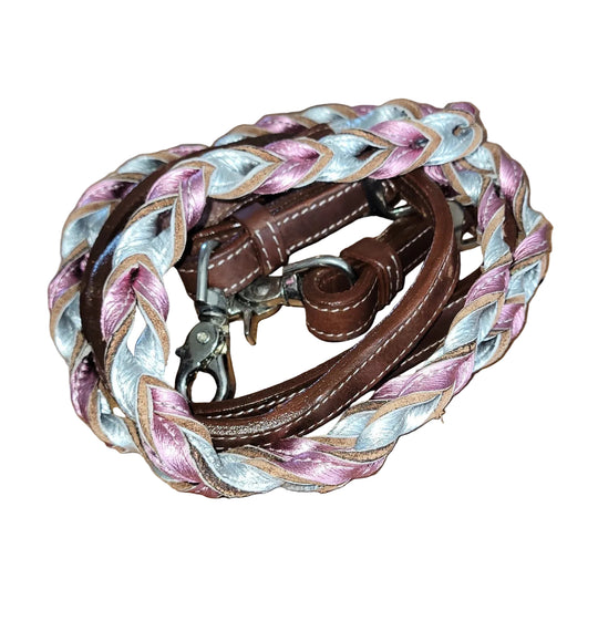Looped Leather Barrel Reins - Silver and Pink