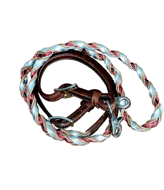Looped Leather Barrel Reins - Silver and Red