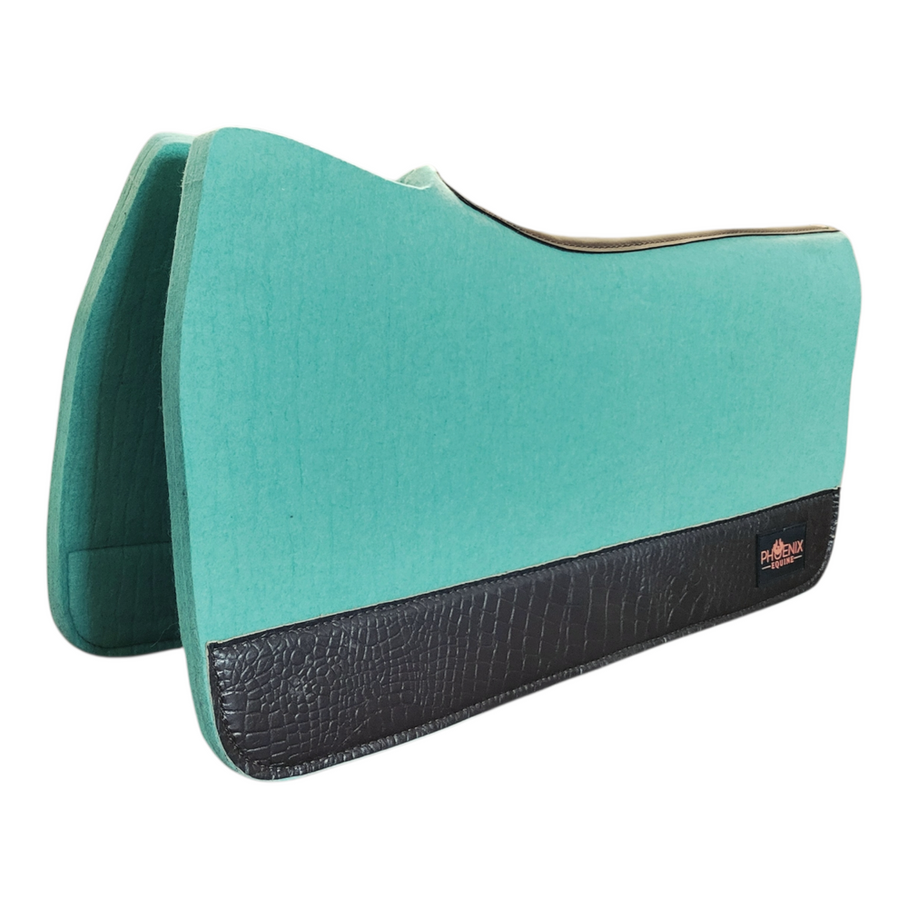 7/8" thick - 30"Lx30"W - Aqua Merino Wool with Brown Croc Fenders - Open wither