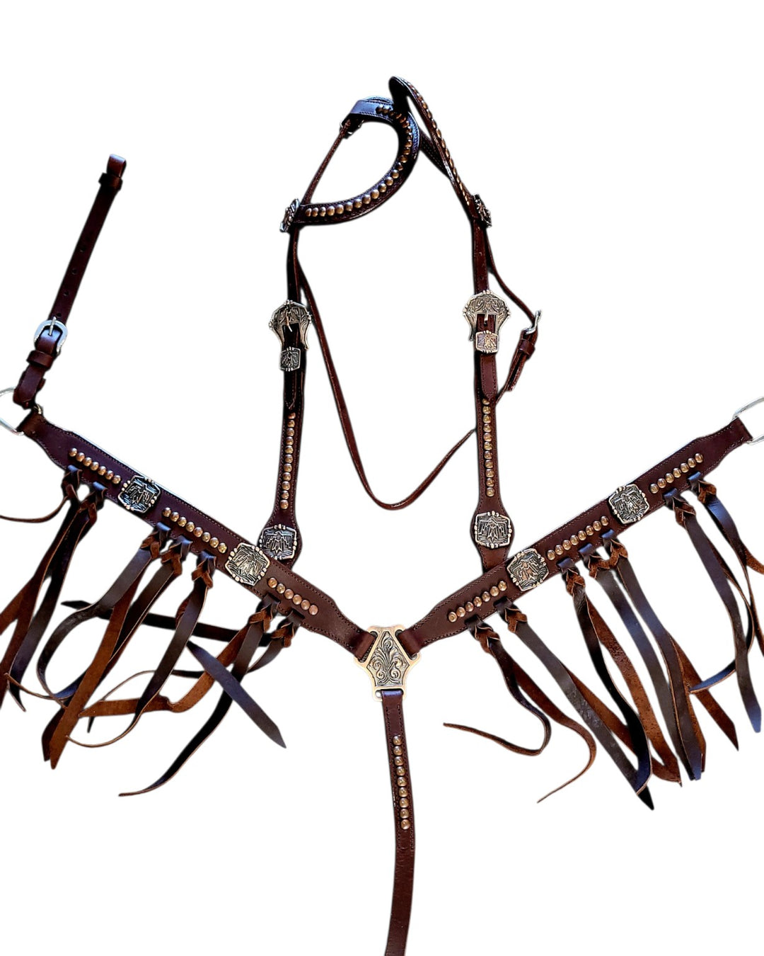 Brown leather Thunderbird buckle tack set with copper studs and fringe